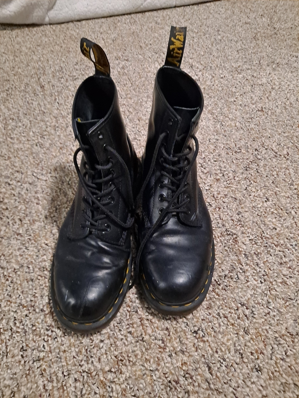 Dr. Martens Black Leather Lace-Up Boots with Yellow Stitching